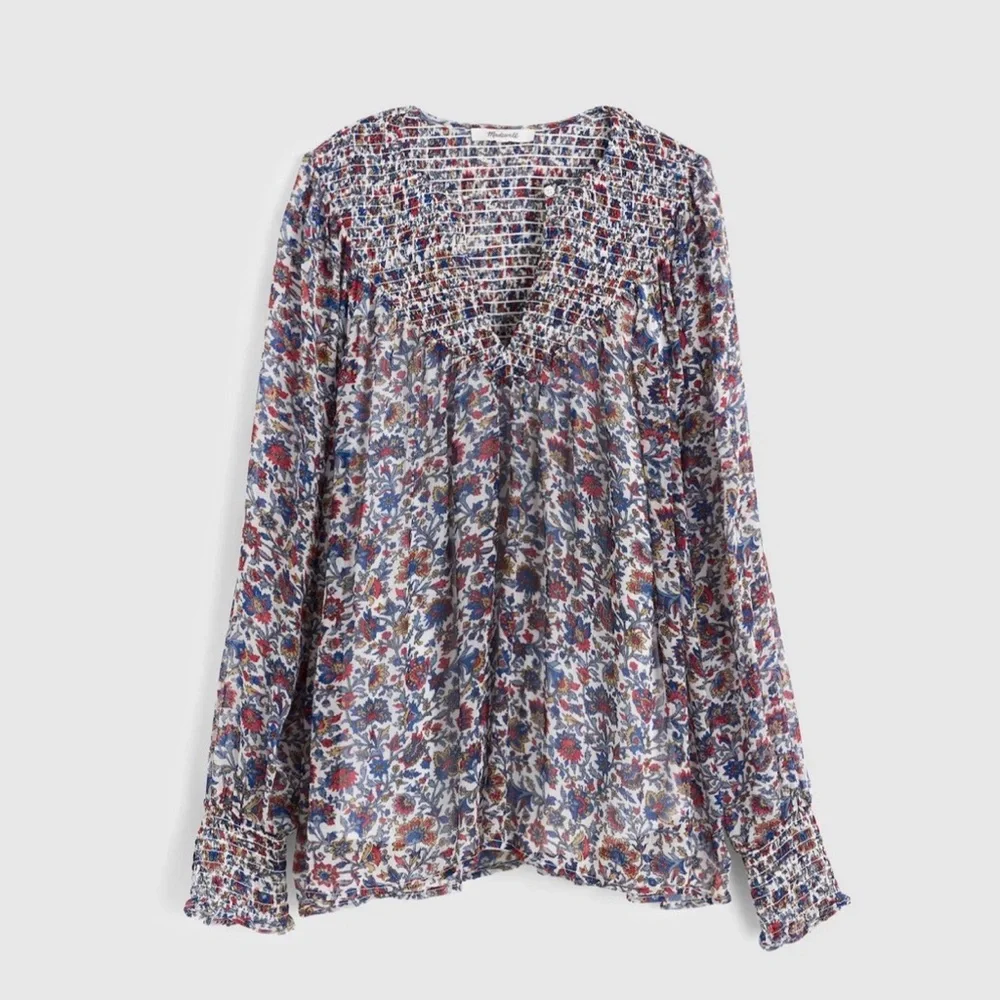 NWT Madewell Smocked Split Crewneck Top | Cherry Red 🍒 | Size Medium - Picture 4 of 8